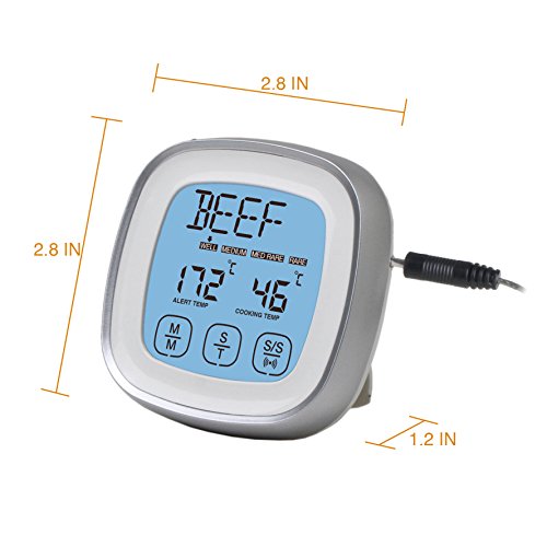 DollaTek Termómetro de Carne, termómetro de Alimentos de Lectura instantánea Termómetro de cocción Digital con sonda de Alerta de Temporizador para Horno, Cocina, Parrilla, ahumador (Plateado)