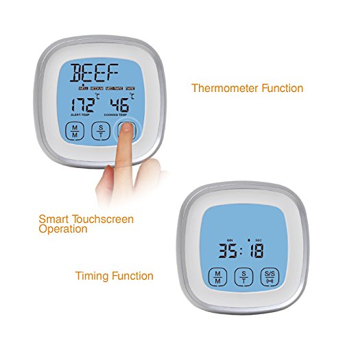 DollaTek Termómetro de Carne, termómetro de Alimentos de Lectura instantánea Termómetro de cocción Digital con sonda de Alerta de Temporizador para Horno, Cocina, Parrilla, ahumador (Plateado)