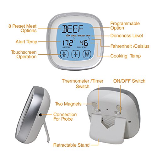 DollaTek Termómetro de Carne, termómetro de Alimentos de Lectura instantánea Termómetro de cocción Digital con sonda de Alerta de Temporizador para Horno, Cocina, Parrilla, ahumador (Plateado)