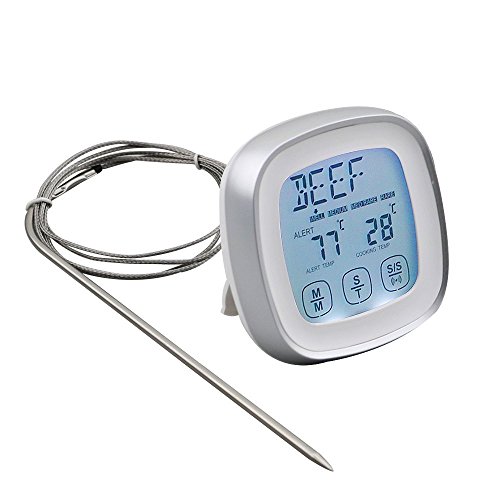 DollaTek Termómetro de Carne, termómetro de Alimentos de Lectura instantánea Termómetro de cocción Digital con sonda de Alerta de Temporizador para Horno, Cocina, Parrilla, ahumador (Plateado)