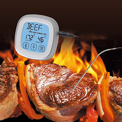 DollaTek Termómetro de Carne, termómetro de Alimentos de Lectura instantánea Termómetro de cocción Digital con sonda de Alerta de Temporizador para Horno, Cocina, Parrilla, ahumador (Plateado)