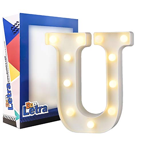 DON LETRA Letras Luminosas Decorativas con Luces LED, Letras del Alfabeto A-Z, Altura de 22cm, Color Blanco - Letra U