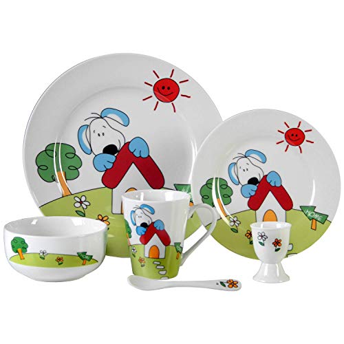 DONREGALOWEB Vajilla Infantil 6 Piezas de cerámica, compuesta por Platos, reposahuevos, Cuchara, Cuenco y Taza con Caja de Regalo