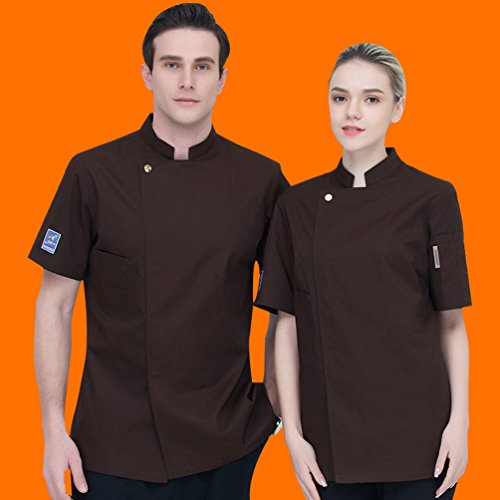 Dooxii Unisexo Mujeres Hombre Moda Verano Manga Corta Camisa de Cocinero Transpirable Chaquetas de Chef Uniforme Cocina Restaurante Occidental Marrón 2XL