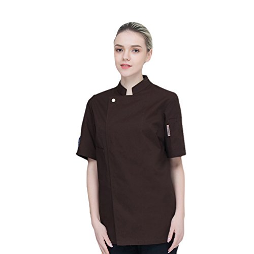 Dooxii Unisexo Mujeres Hombre Moda Verano Manga Corta Camisa de Cocinero Transpirable Chaquetas de Chef Uniforme Cocina Restaurante Occidental Marrón 2XL