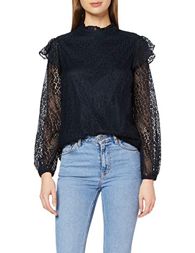 Dorothy Perkins Navy Lace Ruffle Mix Top Blusas, Azul Marino, 18 para Mujer