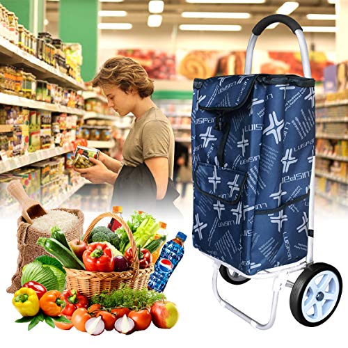 DoubleBlack Carrito de comprCarrito de compras con 2 ruedas silenciosas Bolsa desmontable Aleación de aluminio Plegable Tire Empujar Carro Capacidad 40 kg 101x44x34 Centímetro 48 L Azul Marino