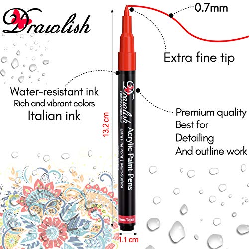Drawlish - Juego de 12 rotuladores de pintura acrílica de 0,7 mm, punta extrafina, para vidrio, cerámica, tela, porcelana, madera, lienzo, pintura de roca y diseño de taza de bricolaje