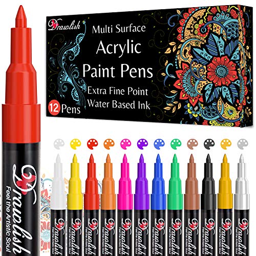 Drawlish - Juego de 12 rotuladores de pintura acrílica de 0,7 mm, punta extrafina, para vidrio, cerámica, tela, porcelana, madera, lienzo, pintura de roca y diseño de taza de bricolaje
