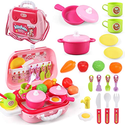 Dreamon Mini Cocina de Juguete Set Maletín con Accesorios Juegos de imitación de Cocinitas Regalo Educativo para Niños 3 años ,Rosa