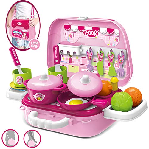 Dreamon Mini Cocina de Juguete Set Maletín con Accesorios Juegos de imitación de Cocinitas Regalo Educativo para Niños 3 años ,Rosa
