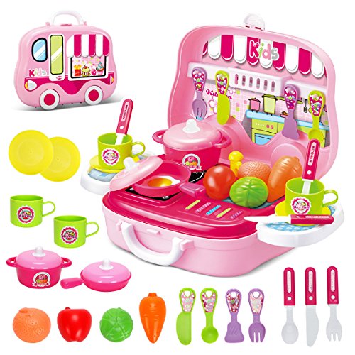 Dreamon Set Utensilios de Mini Cocina de Juguete Incluye Múltiples Accesorios para Niños de 3 Años de Edad (Rosa)