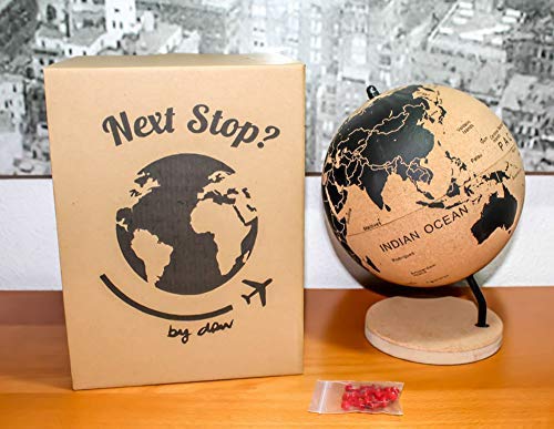 DRW Bola del Mundo - Globo terráqueo Corcho con chinchetas para marcar Paises o Viajes 21x18x18 cm