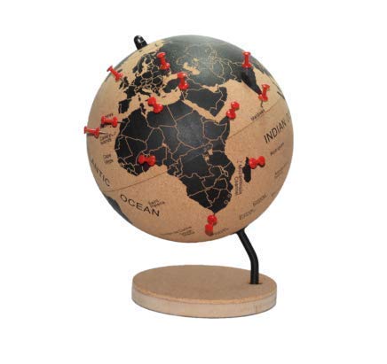 DRW Bola del Mundo - Globo terráqueo Corcho con chinchetas para marcar Paises o Viajes 21x18x18 cm