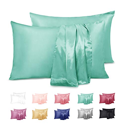 Duerer Fundas de Almohada satén Sedoso estándar para 2 Piezas, con Cierre de sobre, Muy Liso Suave de 100% Microfibra, Belleza Facial, Cuidado de la Cara, hipoalergénico - 50x76cm, Azul Acido