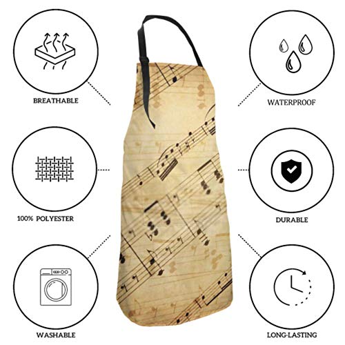 DUKAI Delantal Unisex, Resistente al Agua, Duradero, Ajustable, con Fondo Musical Grunge, Notas de Autor, Delantales de Cocina, Delantal de Barbacoa para Lavar Platos, Barbacoa, Restaurante, jardín