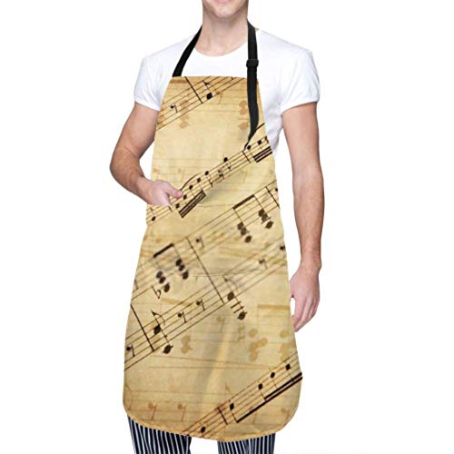 DUKAI Delantal Unisex, Resistente al Agua, Duradero, Ajustable, con Fondo Musical Grunge, Notas de Autor, Delantales de Cocina, Delantal de Barbacoa para Lavar Platos, Barbacoa, Restaurante, jardín
