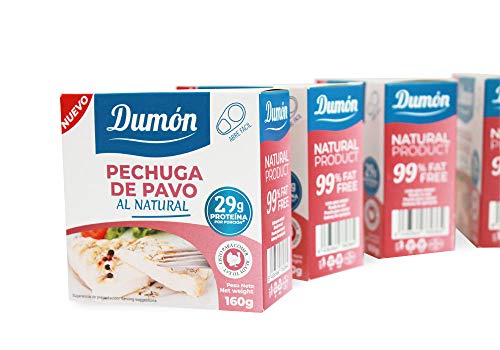 DUMON - NUEVO - 18 Unidades de 160 gr de Conservas de Pechugas de Pavo en su Propio Jugo o Agua. Alimento Enlatado Alto en Proteínas 29 gr cada porción de Pavo Natural. Abre Fácil.