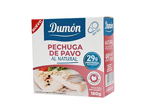 DUMON - NUEVO - 18 Unidades de 160 gr de Conservas de Pechugas de Pavo en su Propio Jugo o Agua. Alimento Enlatado Alto en Proteínas 29 gr cada porción de Pavo Natural. Abre Fácil.