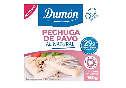 DUMON - NUEVO - 18 Unidades de 160 gr de Conservas de Pechugas de Pavo en su Propio Jugo o Agua. Alimento Enlatado Alto en Proteínas 29 gr cada porción de Pavo Natural. Abre Fácil.