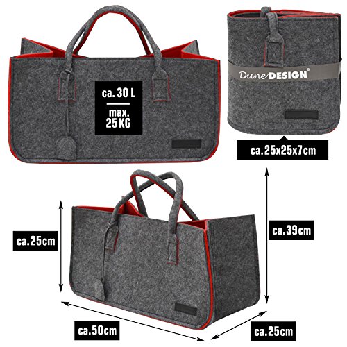 DuneDesign Bolsa de Fieltro sintético 50x25x25cm para leña Compra 25kg Gris Rojo