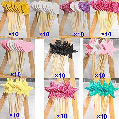 Dusenly 100 piezas Mini Twinkle Corazón Cupcake Toppers Estrellas Cupcake Toppers Glitter Cake Snack Decoraciones para Fiesta de Cumpleaños Boda Baby Shower Accesorios (Multicolor) Listo para usar