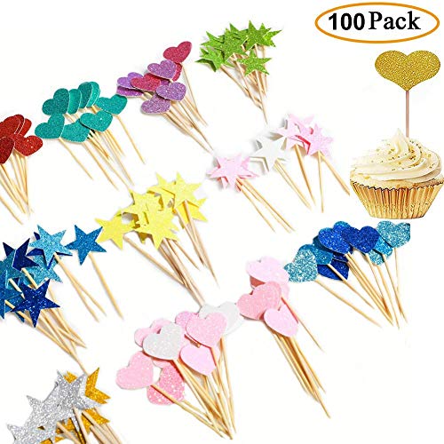 Dusenly 100 piezas Mini Twinkle Corazón Cupcake Toppers Estrellas Cupcake Toppers Glitter Cake Snack Decoraciones para Fiesta de Cumpleaños Boda Baby Shower Accesorios (Multicolor) Listo para usar