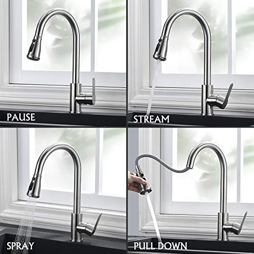 DUTRIX Grifo de Fregadero Extensible Acero Inox, 2 Modos de Chorro Grifo Cocina Extraíble con Botón de Pausa, Acero Cepillado