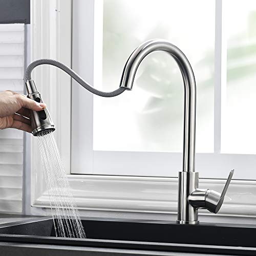 DUTRIX Grifo de Fregadero Extensible Acero Inox, 2 Modos de Chorro Grifo Cocina Extraíble con Botón de Pausa, Acero Cepillado