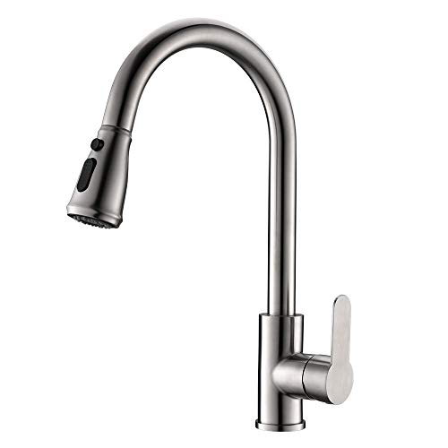 DUTRIX Grifo de Fregadero Extensible Acero Inox, 2 Modos de Chorro Grifo Cocina Extraíble con Botón de Pausa, Acero Cepillado