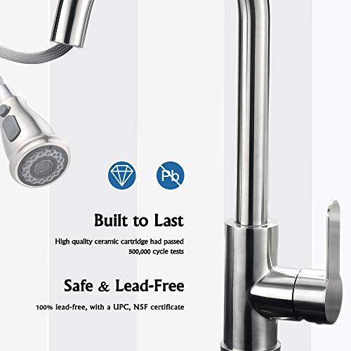 DUTRIX Grifo de Fregadero Extensible Acero Inox, 2 Modos de Chorro Grifo Cocina Extraíble con Botón de Pausa, Acero Cepillado
