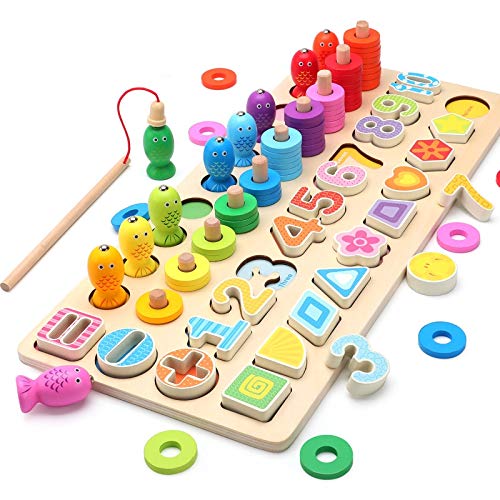 DY_Jin Tablero de Juego de matemáticas de Madera con Juego de Pesca magnética, acertijos numéricos, Juego de conteo de clasificador de Formas, Aprendizaje Educativo Preescolar de matemáticas