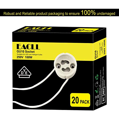 EACLL GU10 Bases para Lámparas, Casquillo Portalámparas Zócalo de Cerámica, Con Cable de Silicona de Calidad, Conector Para LED GU10 y Bombilla Halógena, Pack de 20