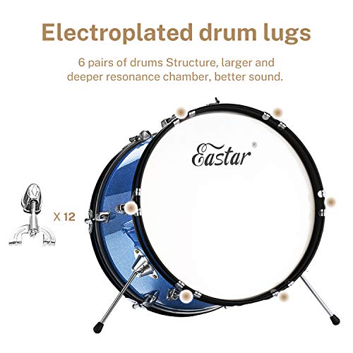 Eastar Batería Junior de 3 Piezas 16 Pulgadas, Juego de Batería para Niños con Trono, Platillo, Pedal y Baquetas, Azul EDS-280Bu