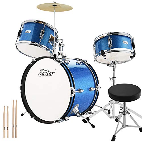 Eastar Batería Junior de 3 Piezas 16 Pulgadas, Juego de Batería para Niños con Trono, Platillo, Pedal y Baquetas, Azul EDS-280Bu