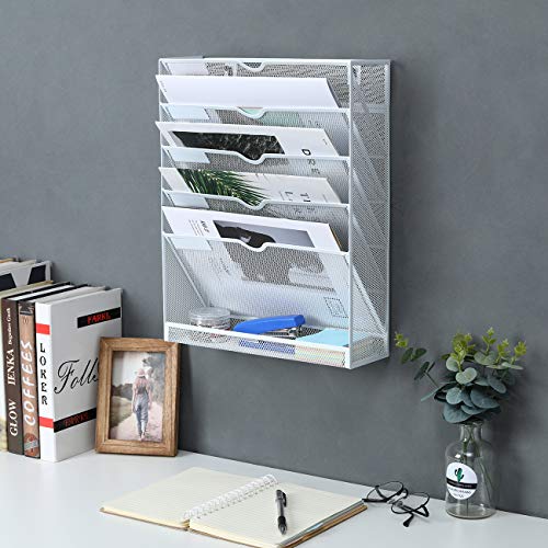 EasyPAG 6 niveles A4 malla en bandeja para colgar archivos de pared, organizador de correo, estante de almacenamiento, color blanco
