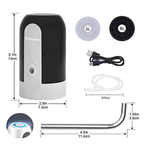 EASYSPEED Dispensador de Agua con luz, Bomba de Agua,electrico portatil, con adaptadores para garrafas y botellones de 5,8,10,13,13 y 20 litros.