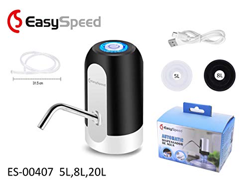 EASYSPEED Dispensador de Agua con luz, Bomba de Agua,electrico portatil, con adaptadores para garrafas y botellones de 5,8,10,13,13 y 20 litros.
