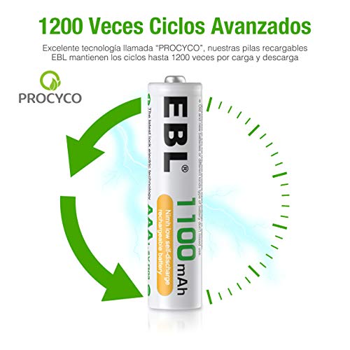 EBL 4 Piezas 1100mAh AAA Pilas Recargables Ni-MH 1200 Ciclo Alta Capacidad para Juguete Flash Mando Teléfono Fijo GPS Exterior