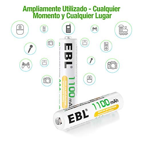 EBL 4 Piezas 1100mAh AAA Pilas Recargables Ni-MH 1200 Ciclo Alta Capacidad para Juguete Flash Mando Teléfono Fijo GPS Exterior