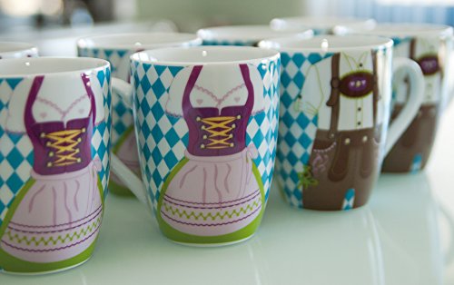 ebos Set de 4 Tazas | 4 x Bavaria Dirndl Pantalones de Cuero -Taza | Taza de Porcelana, Taza de café, Taza de té | Caja Fuerte para lavavajillas (Azul-Blanco)