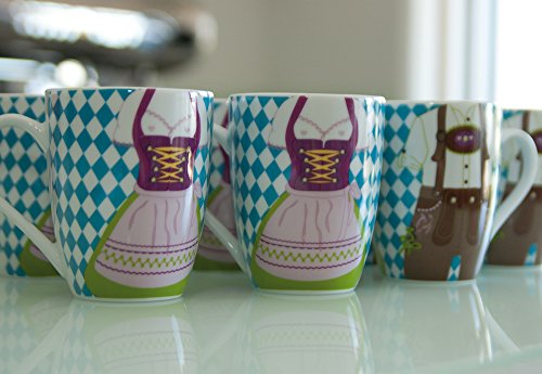 ebos Set de 4 Tazas | 4 x Bavaria Dirndl Pantalones de Cuero -Taza | Taza de Porcelana, Taza de café, Taza de té | Caja Fuerte para lavavajillas (Azul-Blanco)