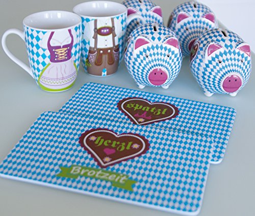 ebos Set de 4 Tazas | 4 x Bavaria Dirndl Pantalones de Cuero -Taza | Taza de Porcelana, Taza de café, Taza de té | Caja Fuerte para lavavajillas (Azul-Blanco)