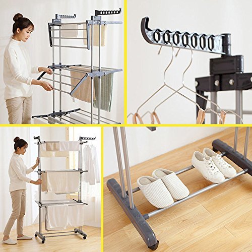 EBTOOLS Tendedero Vertical de Tipo Torre Plegable, Soporte para Ropa y Perchas, Estante de Secado de Zapatos Ropa con Alas Plegables del Hogar Lavadero 176.7cm