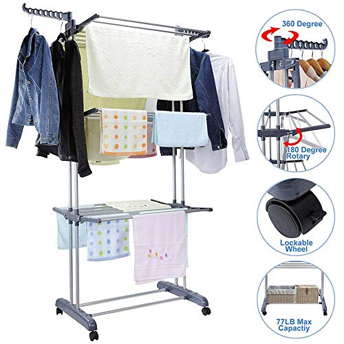 EBTOOLS Tendedero Vertical de Tipo Torre Plegable, Soporte para Ropa y Perchas, Estante de Secado de Zapatos Ropa con Alas Plegables del Hogar Lavadero 176.7cm