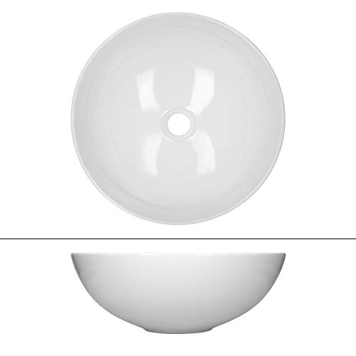ECD Germany Lavabo Redondo cerámica - lavadero Blanco - Aseo lavamanos sobre encimera - Ø 400x147 mm - diseño Moderno - La válvula de desagüe Pop-up ¼, de latón Cromado