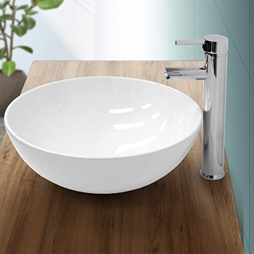 ECD Germany Lavabo Redondo cerámica - lavadero Blanco - Aseo lavamanos sobre encimera - Ø 400x147 mm - diseño Moderno - La válvula de desagüe Pop-up ¼, de latón Cromado