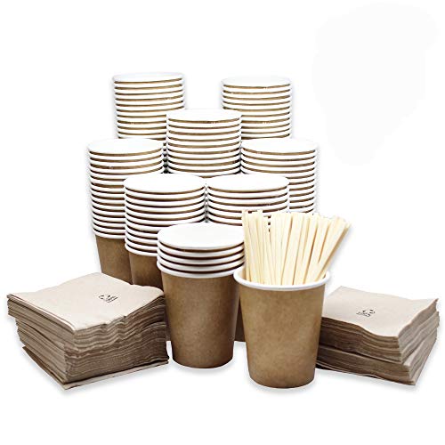 econuk – 100 Vasos Desechables Cafe biodegradables de 200ml + 100 Agitadores de bambú + 100 Servilletas 20x20cm sostenibles de Papel Reciclado 100% Ideal para pequeños Eventos