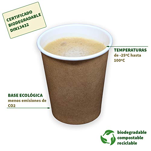 econuk – 100 Vasos Desechables Cafe biodegradables de 200ml + 100 Agitadores de bambú + 100 Servilletas 20x20cm sostenibles de Papel Reciclado 100% Ideal para pequeños Eventos