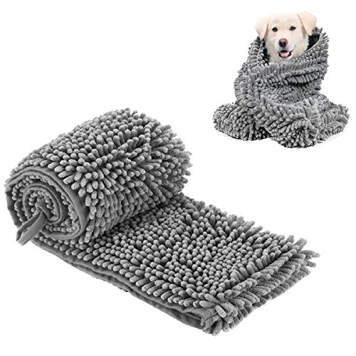 ECOSCO - Toalla de microfibra para perros y perros, superabsorbente, duradera y seca, diseño de bolsillo de mano para perros pequeños, medianos, grandes perros y gatos (pequeño 14 x 24 pulgadas, gris)